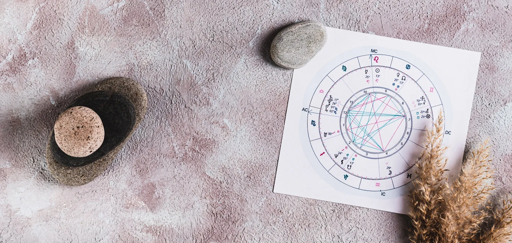 A natal chart on a table beside smooth stones and dried grasses